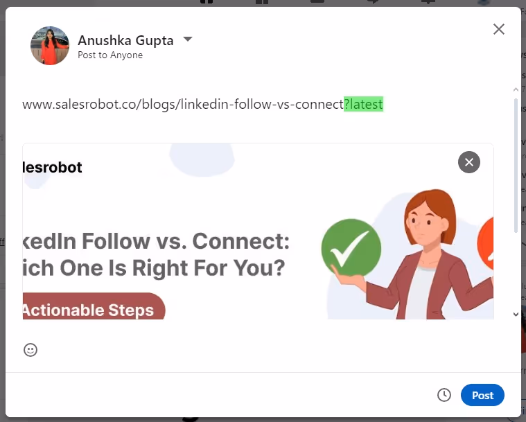 Query string to manually refresh cache for link preview of a blog on LinkedIn.
