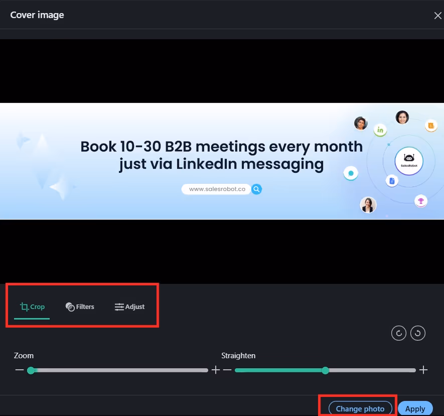SalesRobot LinkedIn cover image editor