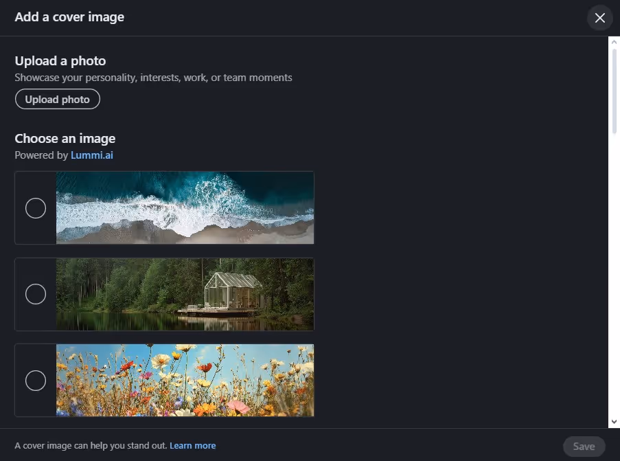 LinkedIn cover image upload options