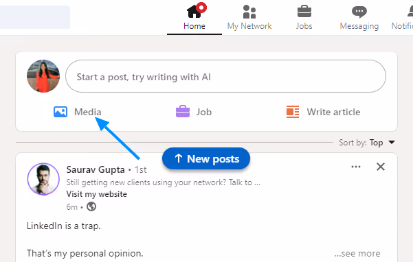 Media option on the LinkedIn home page.