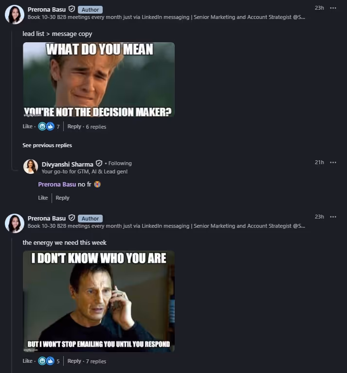 Two LinkedIn posts featuring popular memes about sales and outreach.