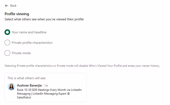 Profile viewing set to Public on LinkedIn