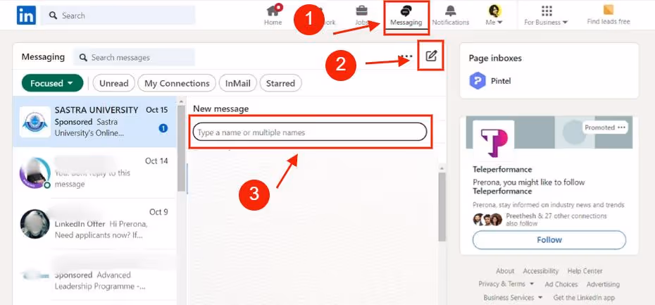 A step-by-step guide on how to write a message on LinkedIn.
