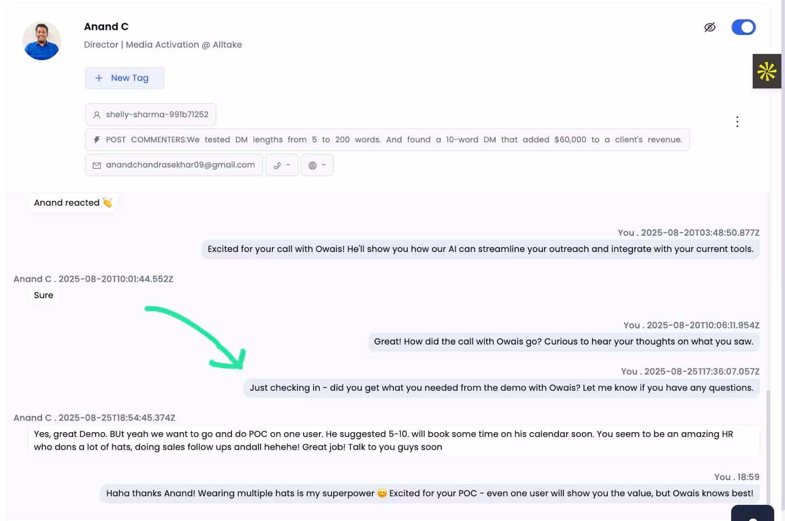 AI Inbox Manager checking in on prospect