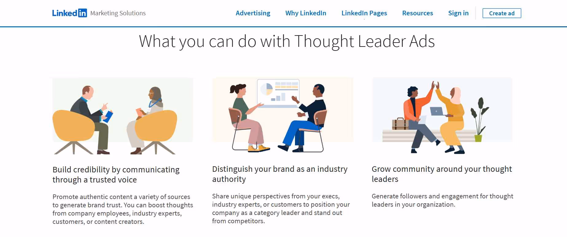 A LinkedIn Marketing Solutions page explaining the benefits of Thought Leader Ads with three illustrated examples.