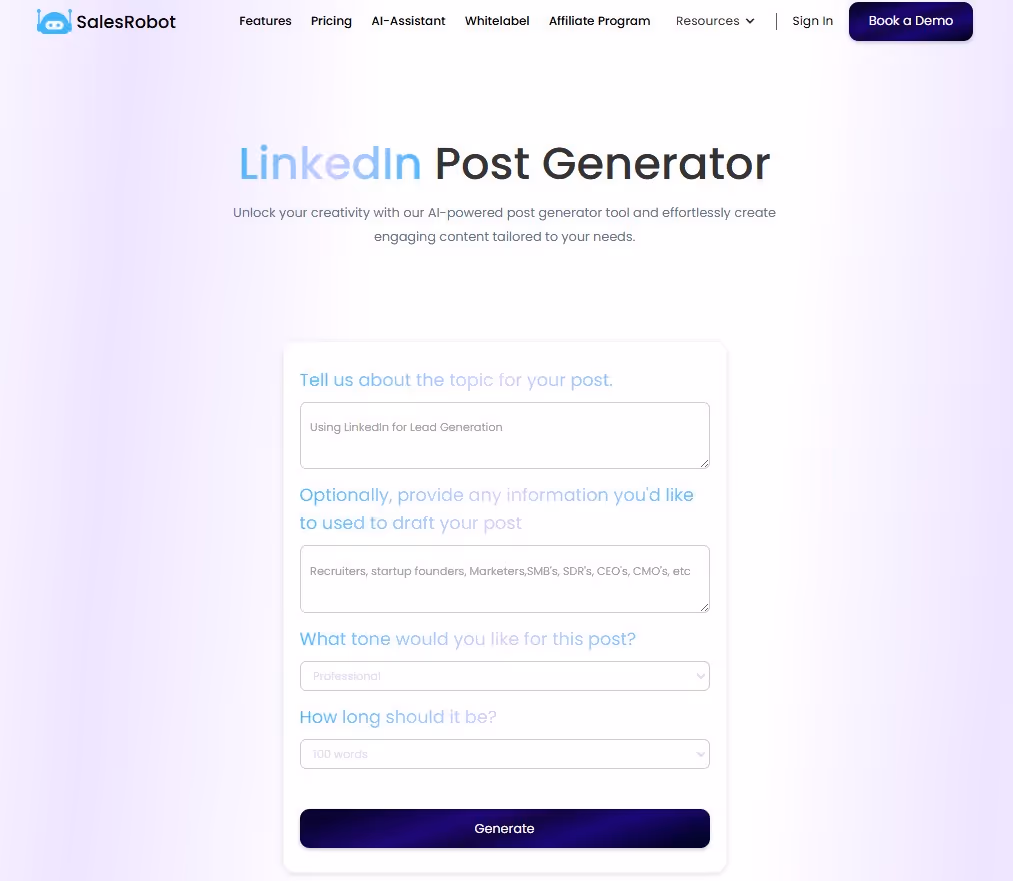A landing page for SalesRobot's LinkedIn Post Generator tool.
