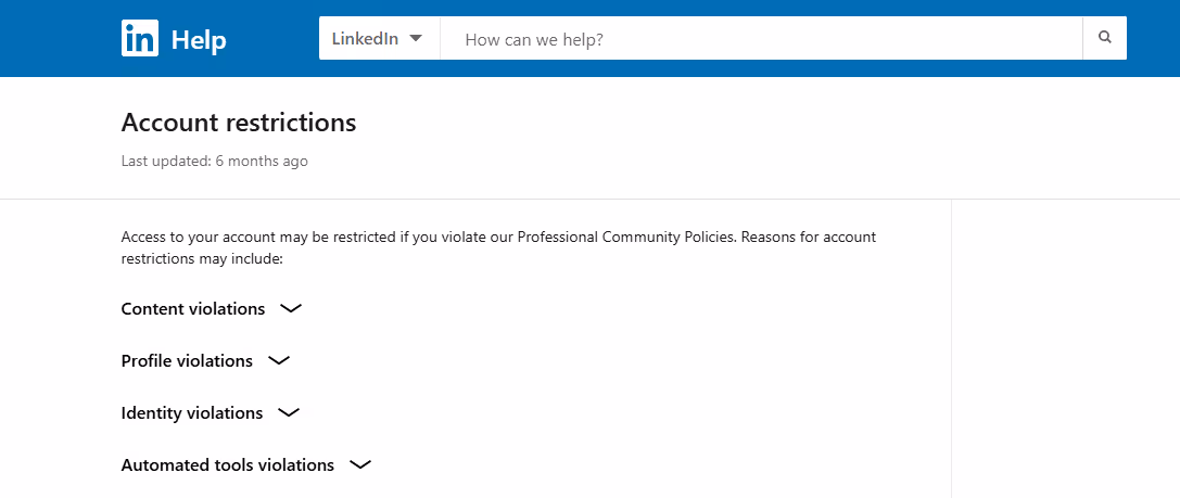 A screenshot of a LinkedIn Help page about account restrictions.