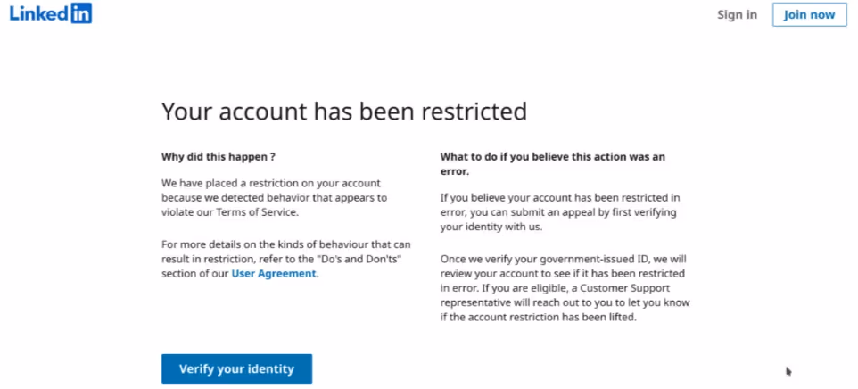 A screenshot of a LinkedIn page stating "Your account has been restricted" with options to verify identity.