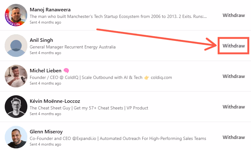 A screenshot of LinkedIn connection requests with a red arrow pointing to the "Withdraw" button.