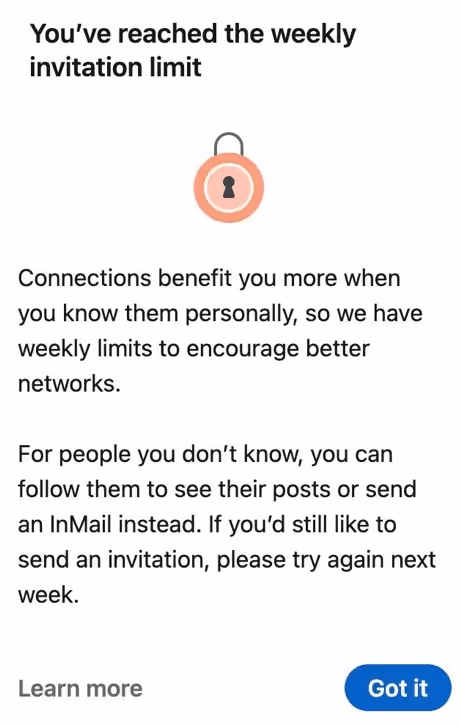 A screenshot of a LinkedIn page indicating the weekly invitation limit has been reached.
