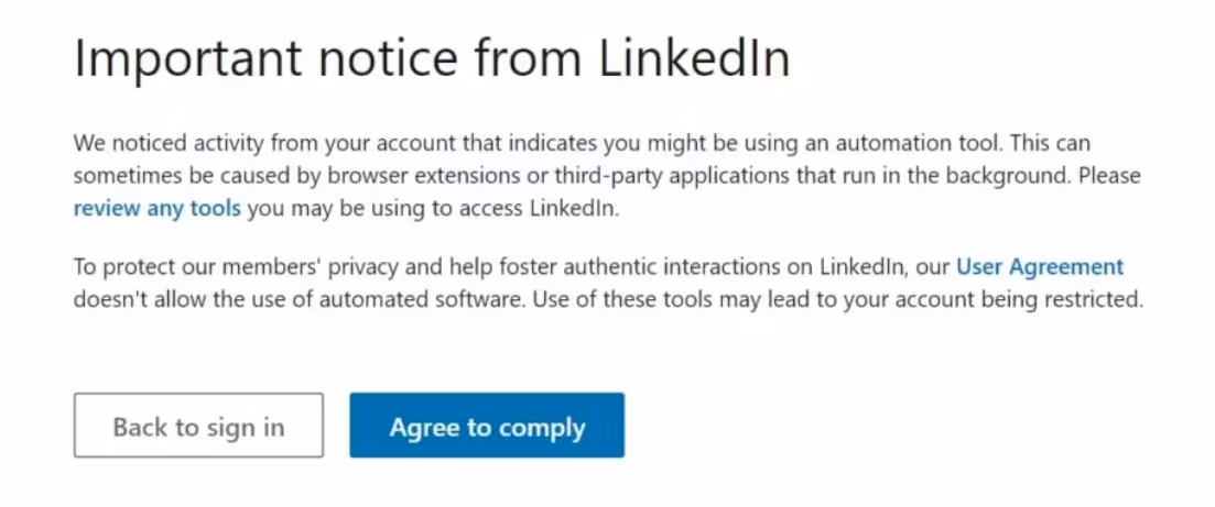 A screenshot of an Important Notice from LinkedIn regarding automation tools.