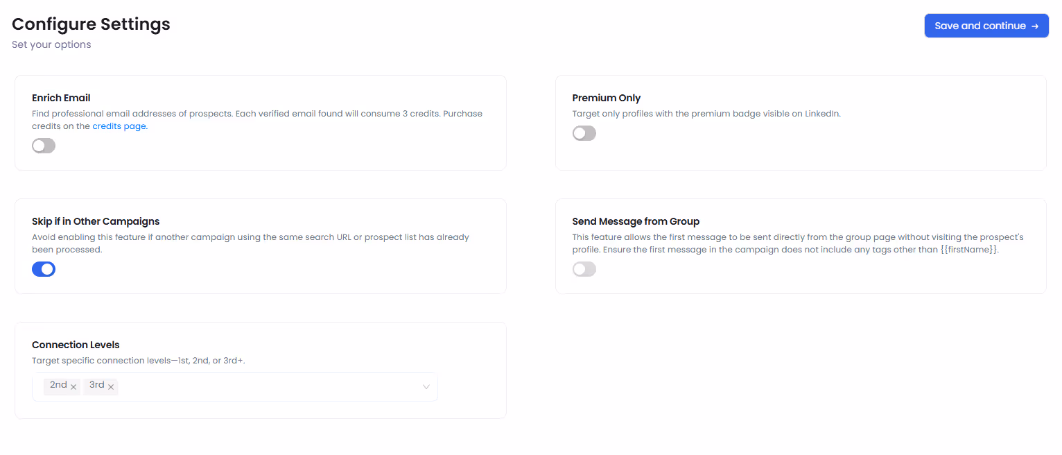 A settings panel with options to enrich email, enable premium only targeting, skip if in other campaigns, send messages from a group, and configure connection levels.