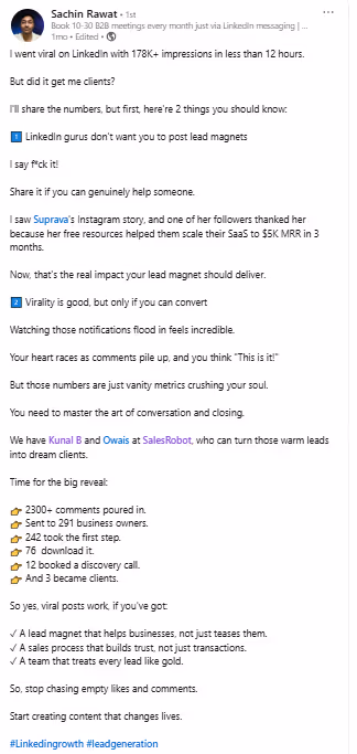 A LinkedIn post by Sachin Rawat about going viral.