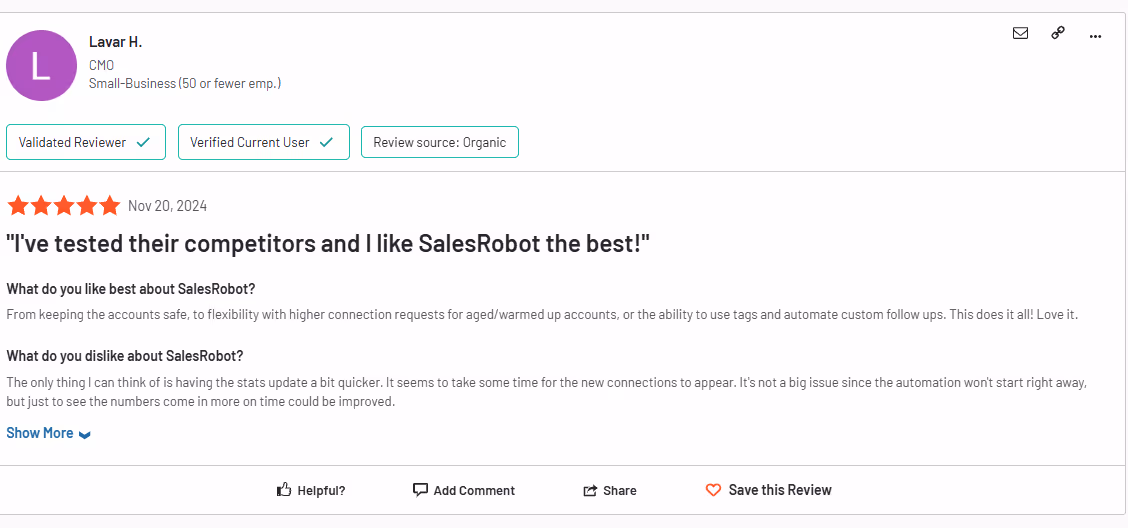 A screenshot of a user review for SalesRobot with a 5-star rating.