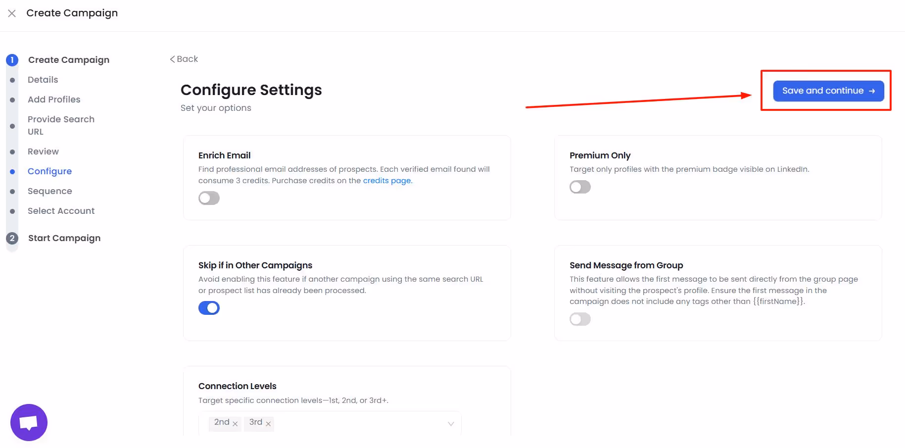 Save and continue button on the Configure SalesRobot campaign Settings page.