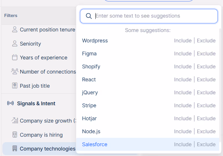 Technographic filter in data enrichment tool