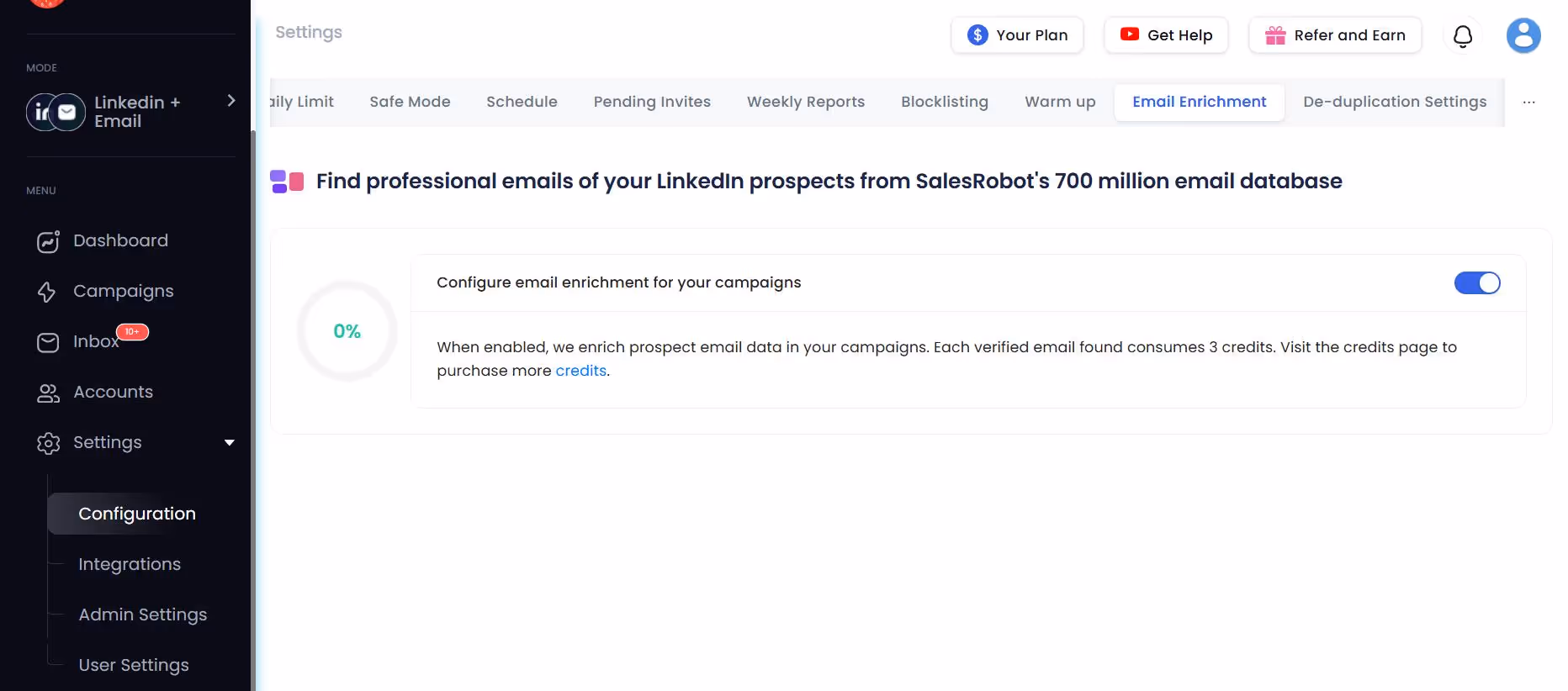 SalesRobot settings configuration for email enrichment.