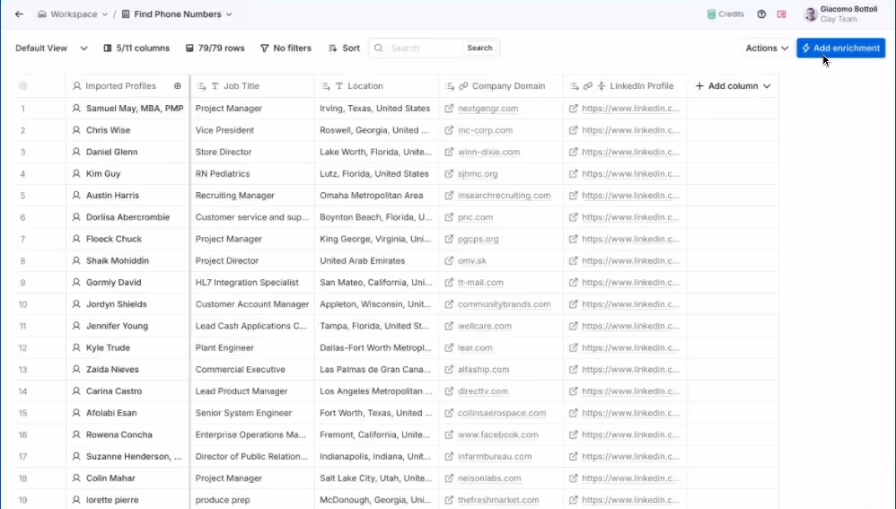 Clay enriched prospect data table