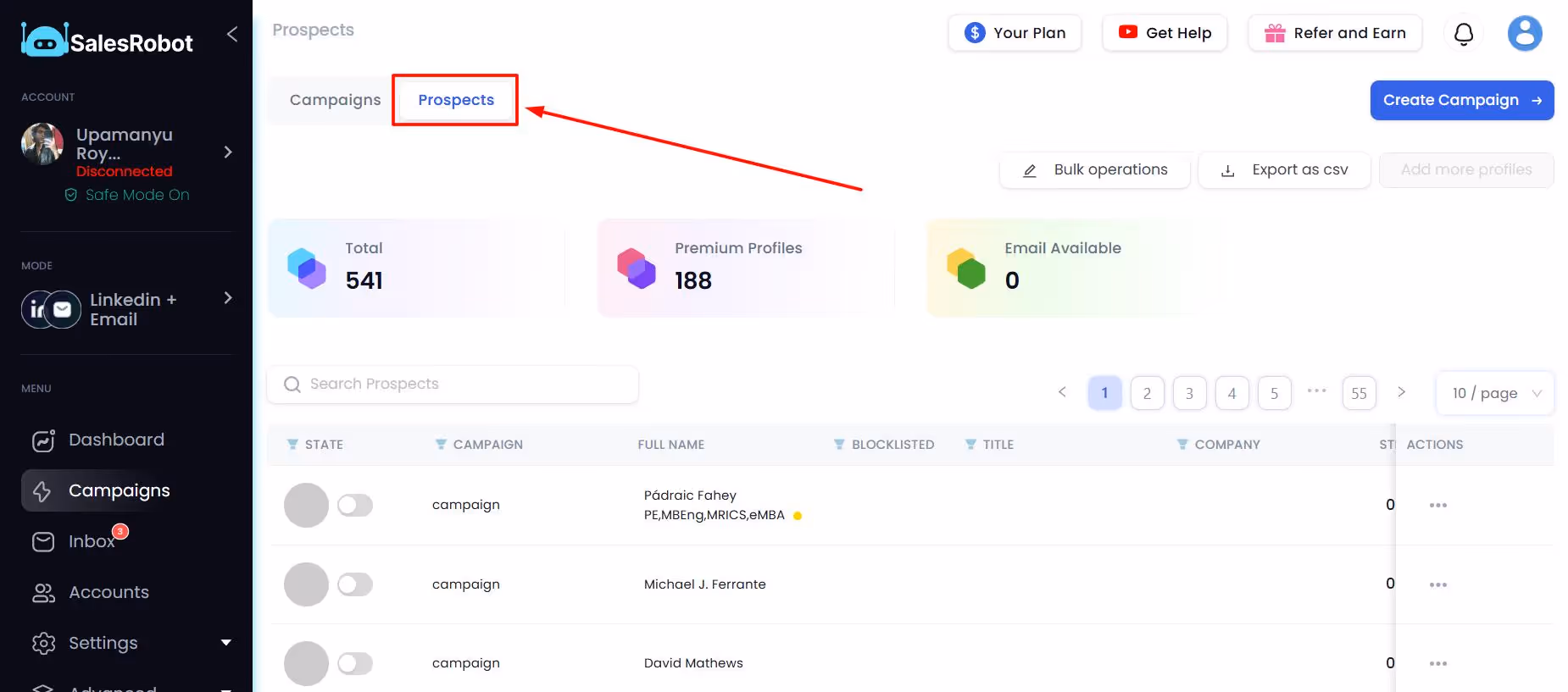 Prospects tab on the SalesRobot dashboard.