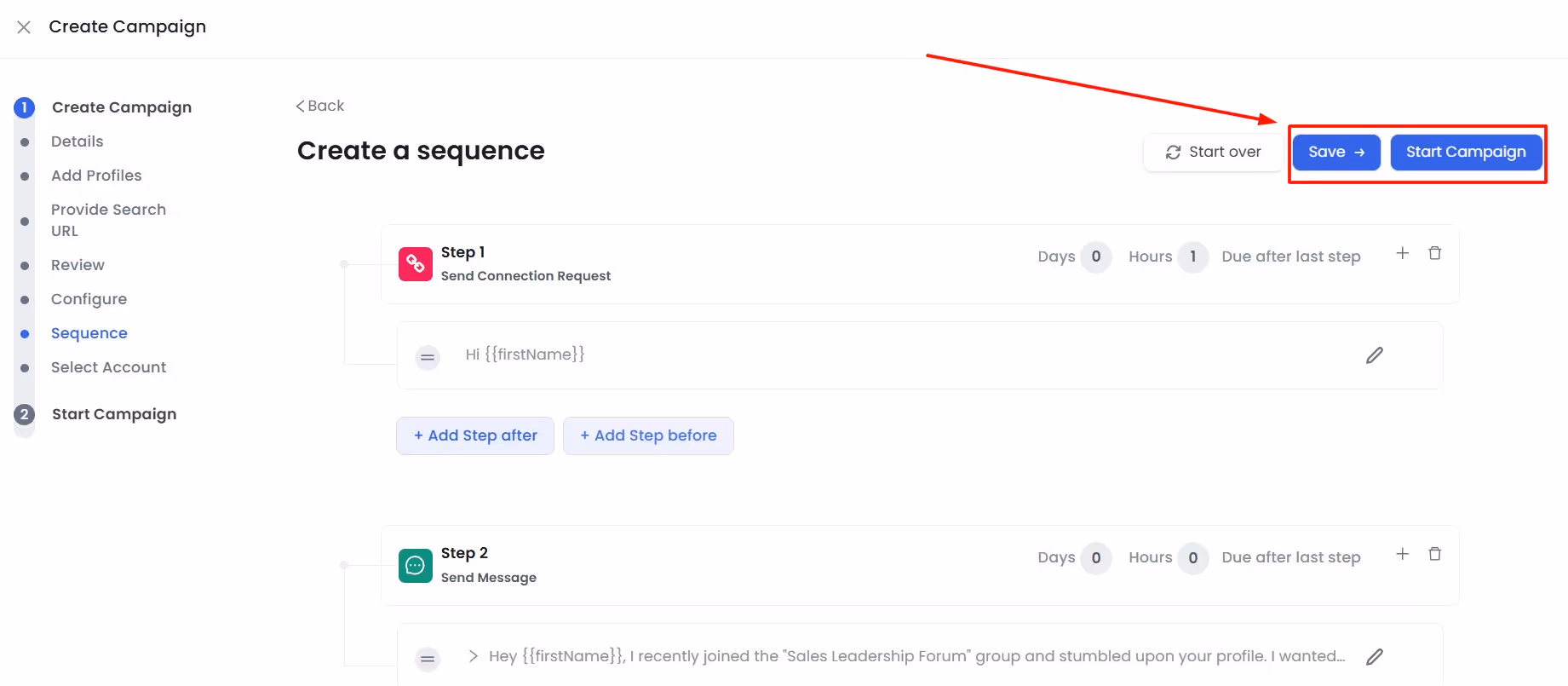 Save and Start Campaign buttons on the Create a sequence page.