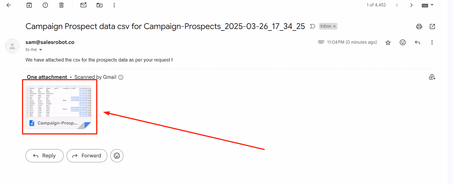 Email showing the exported CSV file as an attachment.
