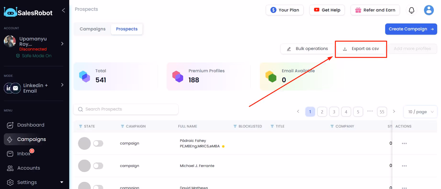 SalesRobot prospects page with export prospects as a CSV file