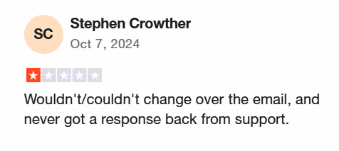One-star review of GMass with a complaint about not being able to change email and no support response