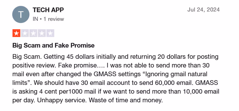One-star review of GMass with complaints about being scammed and fake promises