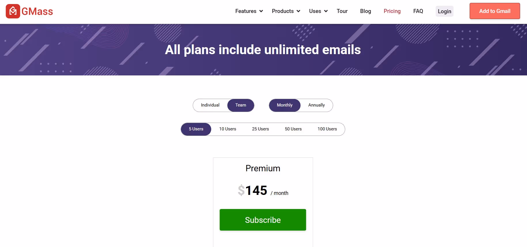 GMass email marketing platform pricing page