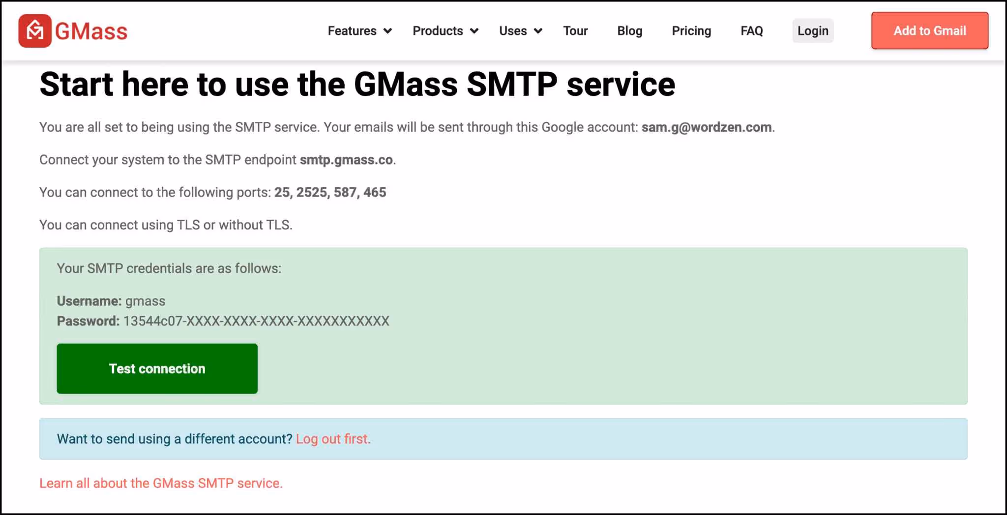 GMass SMTP service setup.