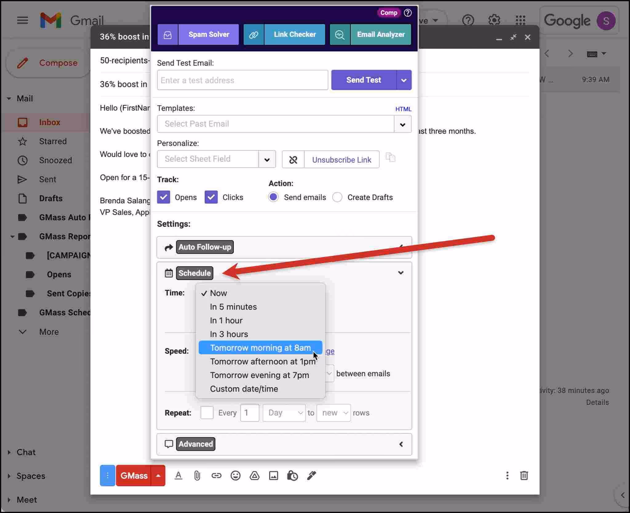Scheduling an email for tomorrow morning in GMass.
