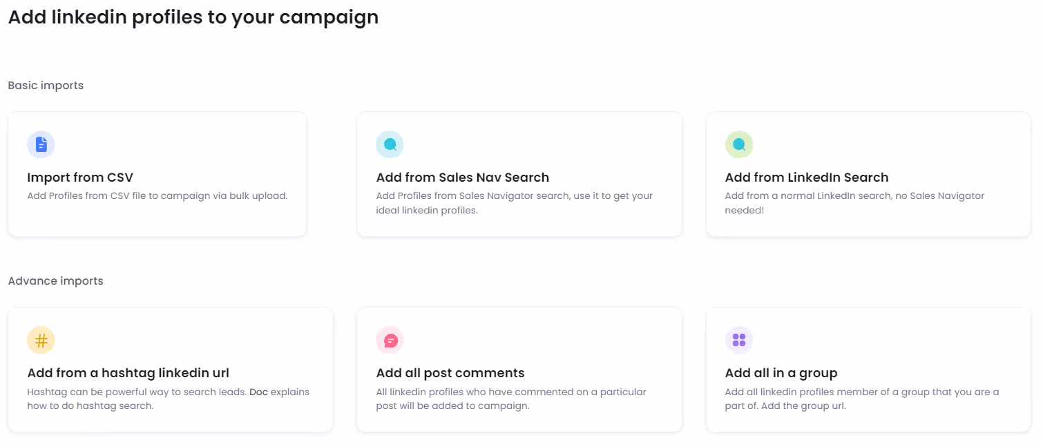 SalesRobot's campaign add LinkedIn profiles page.