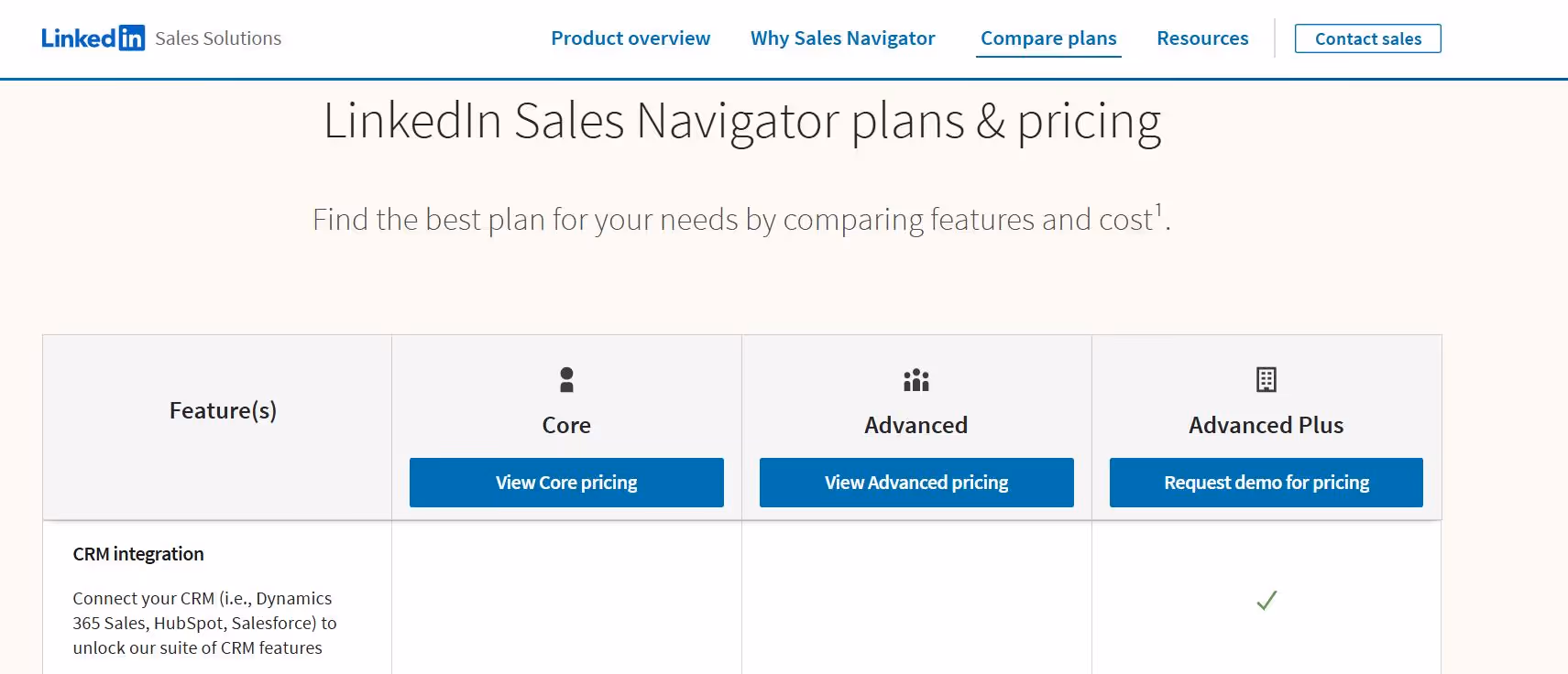 LinkedIn Sales Navigator plans and pricing comparison.