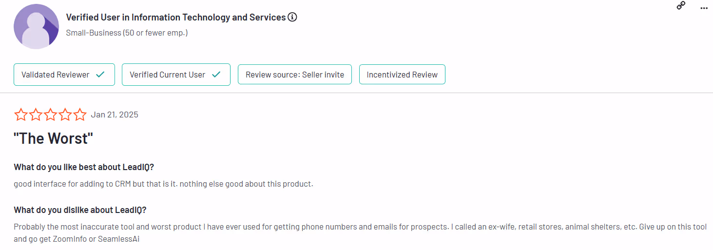 A negative user review of LeadiQ.