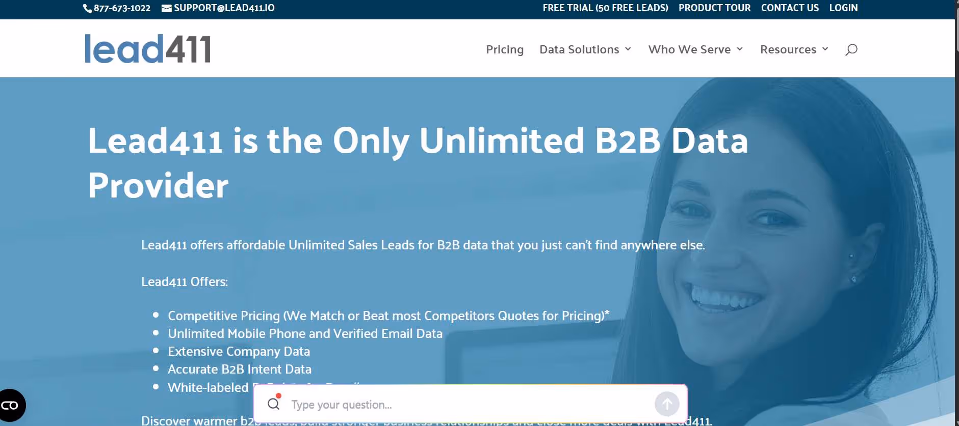Lead411 homepage showcasing their B2B data solutions.