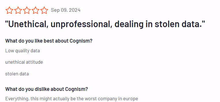 Cognism customer review highlighting negative experiences and concerns about data quality.