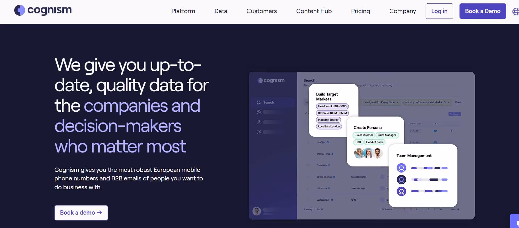 Cognism's platform interface showing search filters and team management.