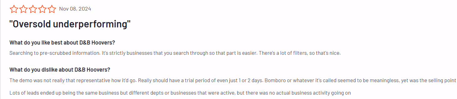Customer review of D&B Hoovers with a low star rating and negative feedback.