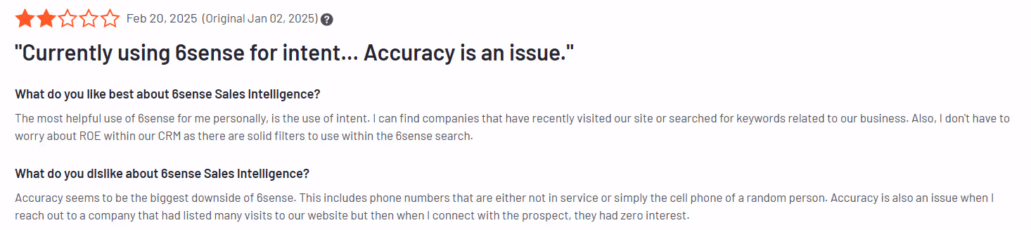 Customer review of 6sense with negative feedback on data accuracy.