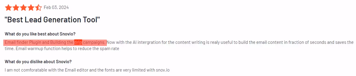 A customer review for Snov.io, highlighting 'campaigns' as a positive feature.