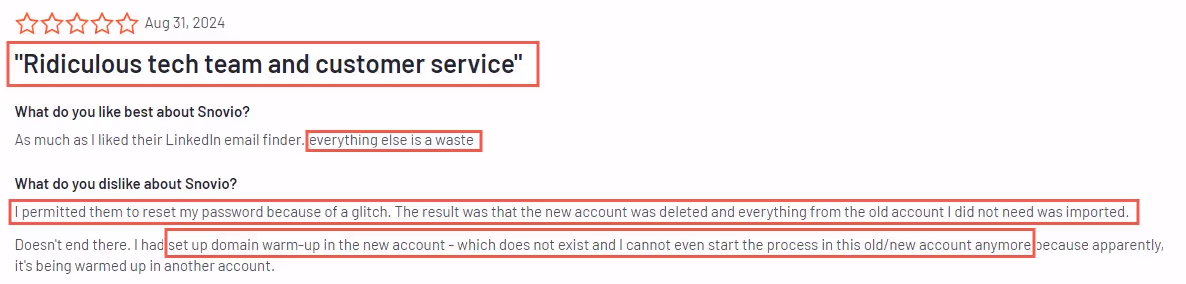 A customer review with a 3-star rating and the headline "Ridiculous tech team and customer service," detailing issues with account resets and imported data.