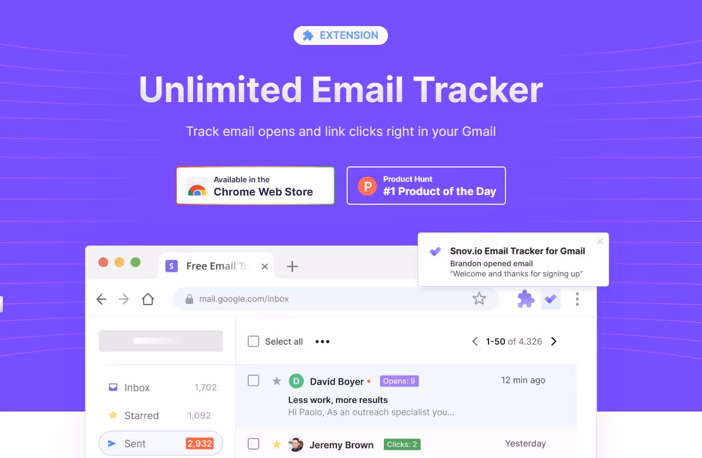 An "Unlimited Email Tracker" product page showing email tracking within a Gmail inbox.