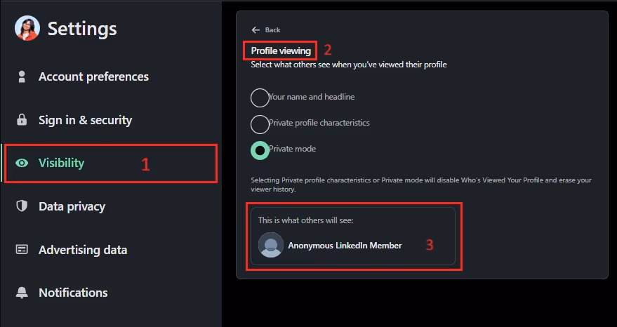 step number 2 to turn on LinkedIn Private Mode.