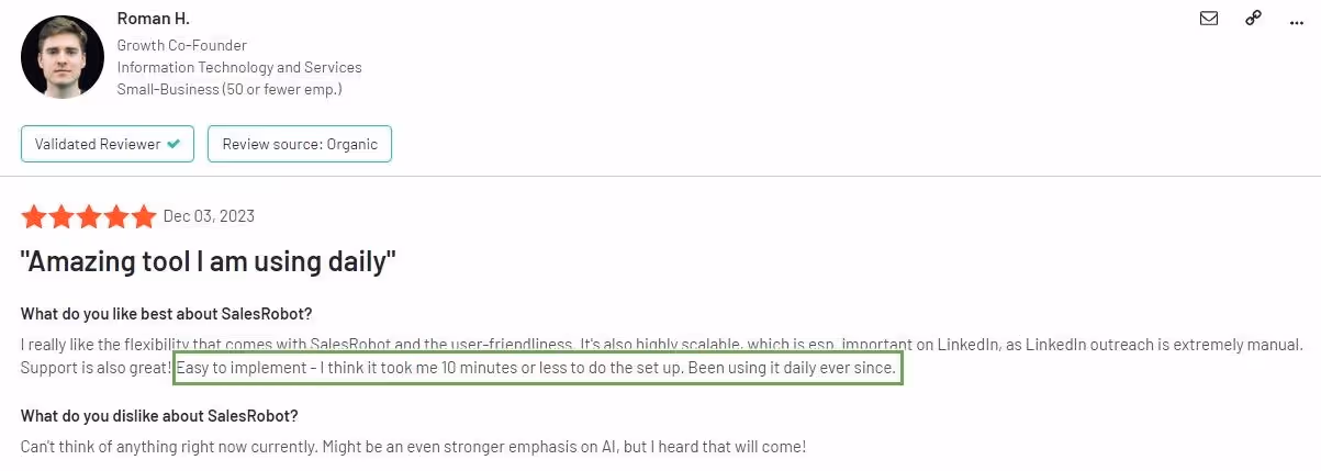 A positive user review for SalesRobot, emphasizing its ease of implementation.