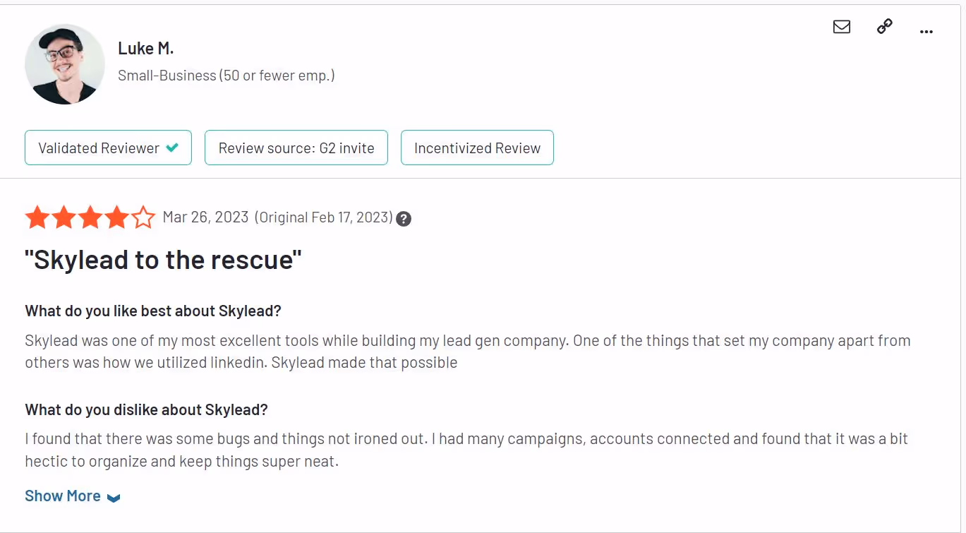 Positive review on G2 - Skylead