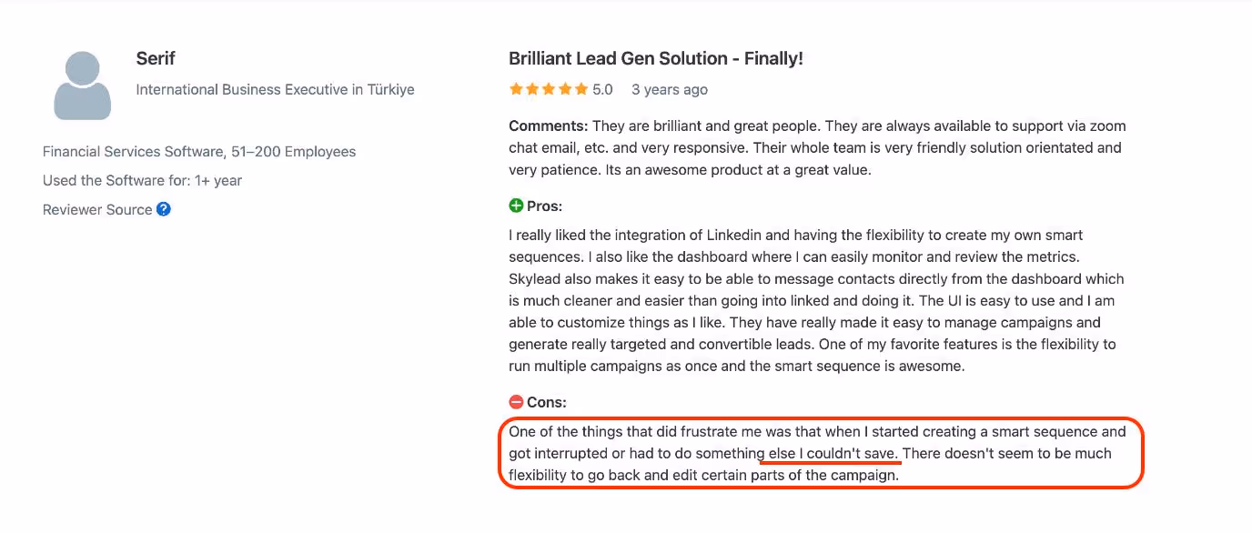 Negative review of Skylead on Capterra