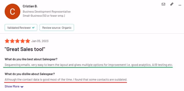 Customer review from G2 showing pros and cons of salesgear.