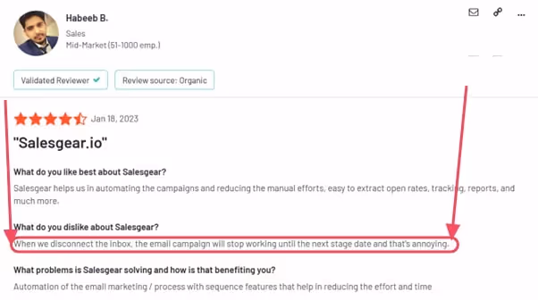 Negative customer review on G2 showing how salesgear stops campaigns automatically.