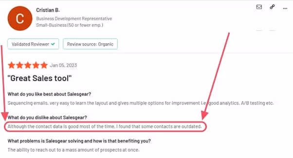 customer review on G2 showing how salesgear's contact data is outdated.