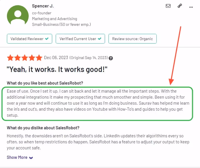 screenshot showing positive customer review for salesrobot on G2.